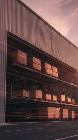 Vertical warehouse reveal at dusk showing corrugated metal facade, open bays and glowing crates