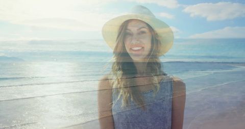 Serene Woman Enjoying a Beach Stroll Double Exposure