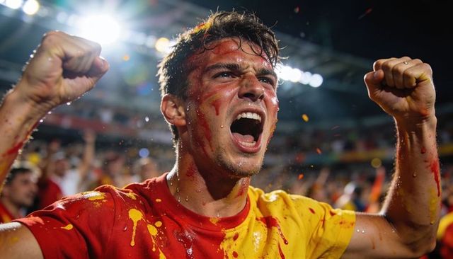Fan cheering, fists raised in paint-splashed red and yellow shirt under floodlights