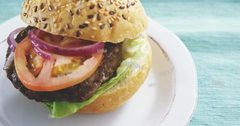 Gourmet sesame seed burger featuring tomato, red onion and lettuce on white plate