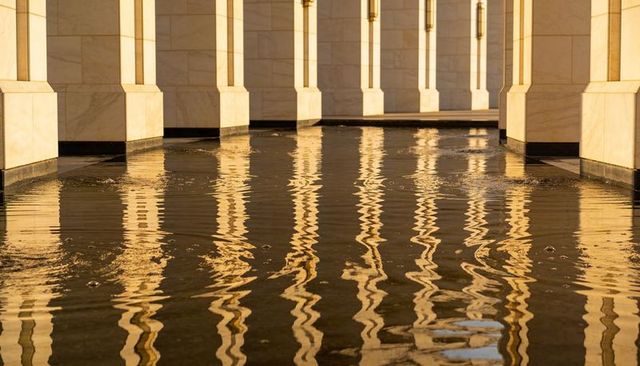 Golden colonnade casting rippled reflections on shallow reflecting pool