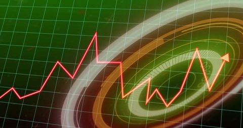 Red trendline crossing futuristic green grid with neon circular dashboard gauge