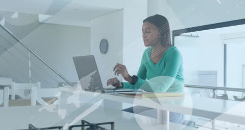 Businesswoman Engaging in Video Call with Data Overlay Effects