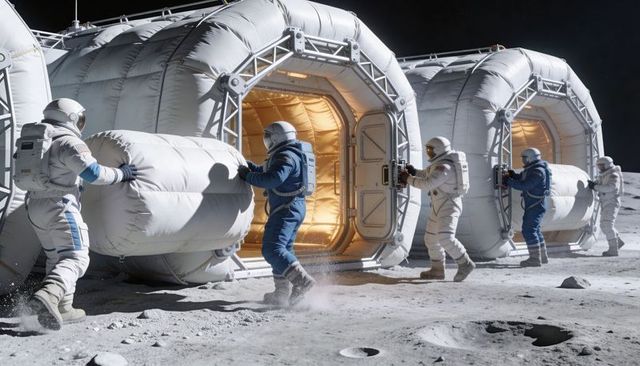 Astronaut Crew Assembling Inflatable Lunar Habitat Modules on Moon Surface at Night