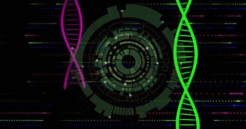 Futuristic DNA Helix with Data Interface and Digital Tech Art
