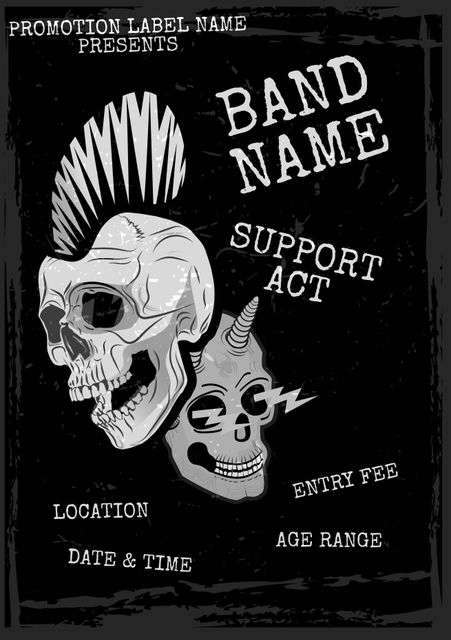 Black and grey punk rock concert poster features two illustrated skulls with punk mohawk and horns respectively. Various holding texts that cover band name, support act, location, entry fee, date and time, and age range illustrate promotional aspect. Ideal for event promotions, music festival advertisements, and grunge-themed design projects.