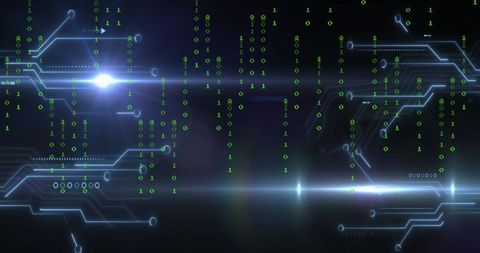 Futuristic binary code merging with circuit board interface