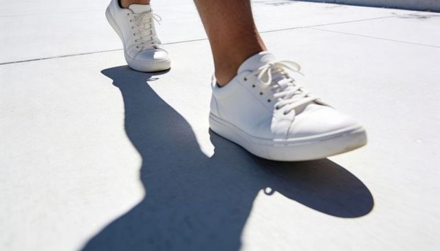 Walking white sneakers casting dramatic shadow on sunlit concrete, urban footwear motion