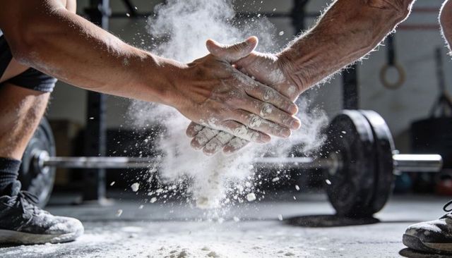 Clapping chalk dust exploding around hands preparing for heavy barbell lift in gym