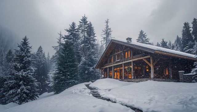 Glowing alpine chalet nestled on snowy hillside with warm lit windows and wreath