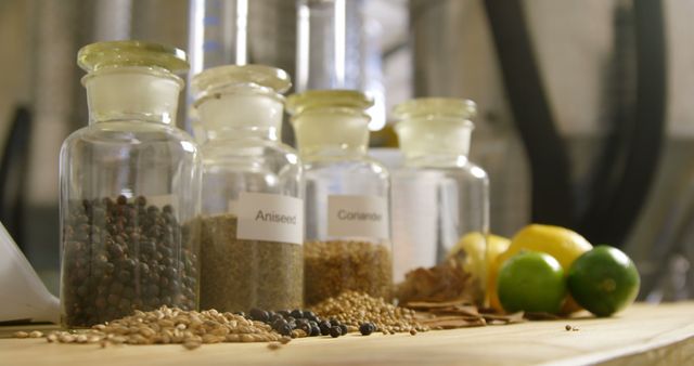 Close-up of Glass Jars with Various Spices and Citrus Fruits on Wooden Table - Download Free Stock Images Pikwizard.com