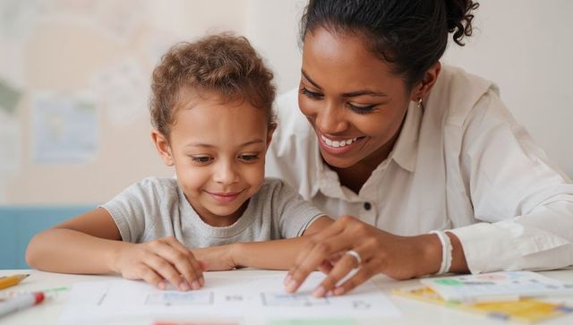 Smiling tutor guiding young child through worksheet while learning at home