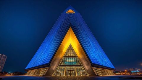 Glowing contemporary pyramid building with blue led facade and golden glass atrium