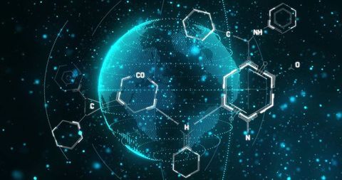 Cyan Digital Globe with Molecular Hexagons and Neon Network Rings for Data Visualization