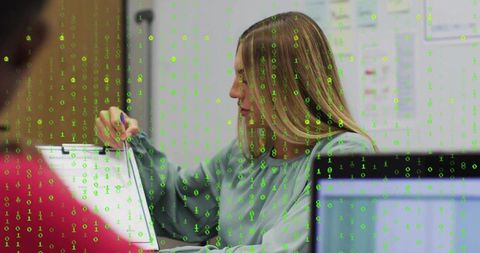 Businesswoman Analyzing Data with Binary Overlay in Modern Office