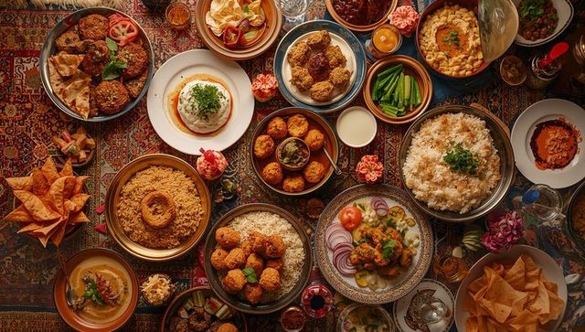 Featuring communal persian banquet with rice, falafel, hummus, mezze and flatbreads