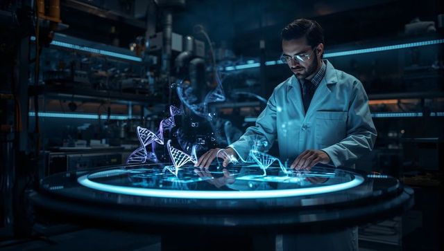 Scientist manipulating holographic DNA models on futuristic circular lab workstation