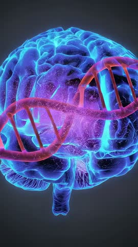 Rotating neon-blue brain wrapped by red DNA helix, futuristic neuroscience CGI vertical video