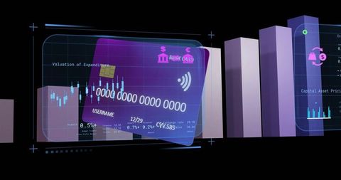 Hovering hologram credit card glowing over neon finance dashboard with translucent 3d bars