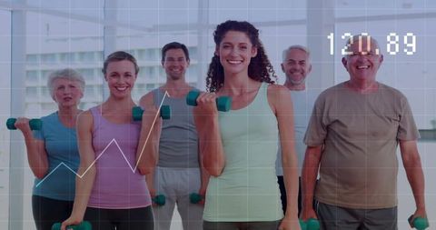 Group Fitness Class with Seniors and Adults Lifting Dumbbells in Gym