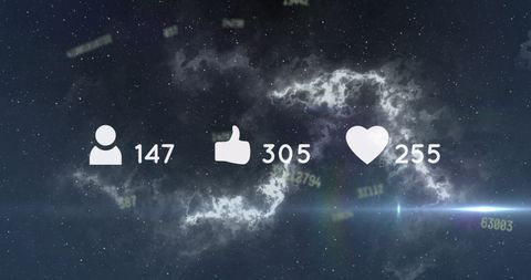 Social media interaction icons on digital cosmic background