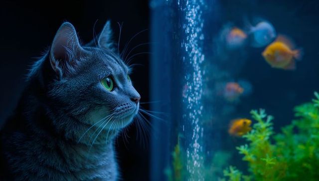 Staring gray tabby cat watching orange fish through glowing aquarium glass in blue light