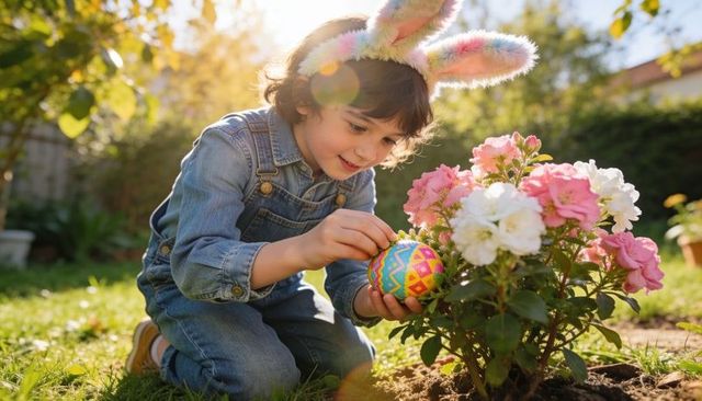 Child in denim overalls kneeling placing colorful easter egg by blooming shrub with pastel bunny ear