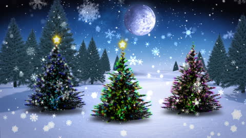 Christmas Trees with Falling Snowflakes and Moonlit Sky