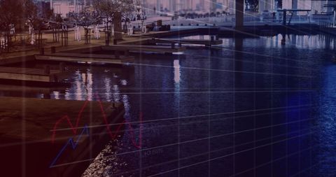 Cityscape blended with financial chart and data lines
