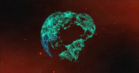 Floating wireframe globe mapping Western Hemisphere digital network in neon teal