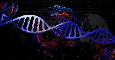 Futuristic dna helix stretching across digital globe with neon data streams