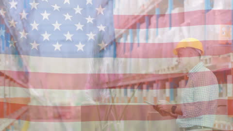 American Warehouse Worker and USA Flag Double Exposure
