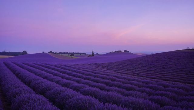 Lavender fields at dawn with serene pastel skies