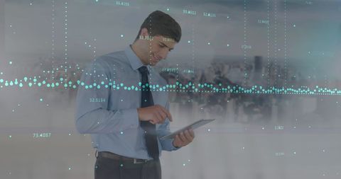 businessman analyzing data on tablet with city in background - Download Free Stock Images Pikwizard.com