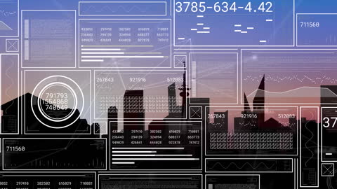 Data Processing Interfaces Over Cityscape at Sunset