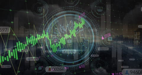 Digital Dashboard with Dynamic Stock Market Analysis Over Cityscape