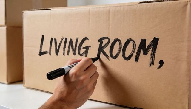 Hand labeling living room moving box with black marker, brushstroke lettering