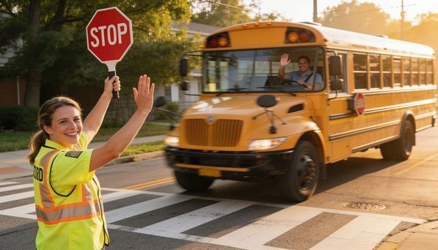 Smiling school crossing guard holding stop paddle as yellow school bus passes at crosswalk