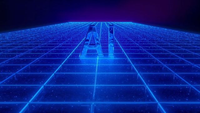 Glassy ai letters rising on neon blue grid plane, futuristic cyberpunk digital landscape