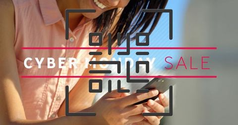 Woman Utilizing Smartphone for Cyber Monday Sales in Bright Space