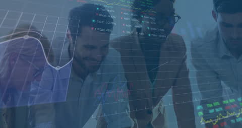 Business Team Analyzing Complex Financial Data Visualization