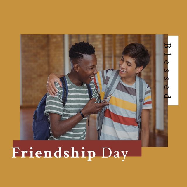 Digital composite image of happy multiracial boys with blessed friendship day text, copy space. childhood, celebration, friendship and togetherness concept.