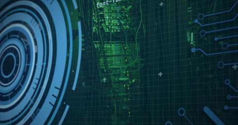Displaying futuristic server rack with glowing LEDs and virtual HUD grid for cybersecurity