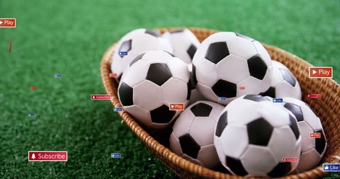 Social Media Icons Overlay on Basket of Soccer Balls