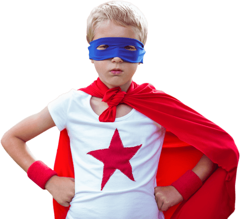 Confident Caucasian Boy in Superhero Costume Transparent Image