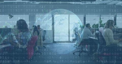 Corporate Team with Digital Globe Interface Overlay