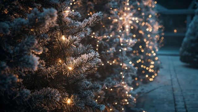 Serene Winter Night with Frosted Pines and Warm String Lights