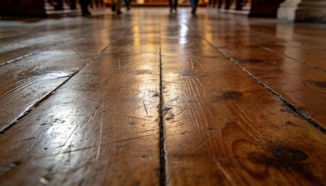 Worn wooden floor planks leading to blurred benches with varnish sheen and rich patina
