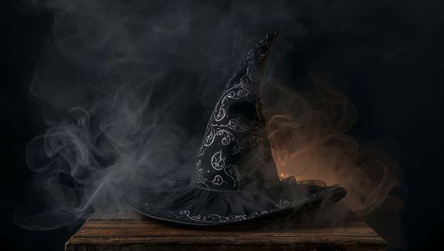 Enchanted Black Witch Hat with Silver Swirls Amidst Mystical Smoke