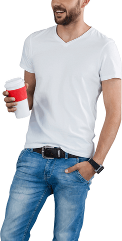 Smiling Caucasian Man Holding Coffee Cup, Transparent Background